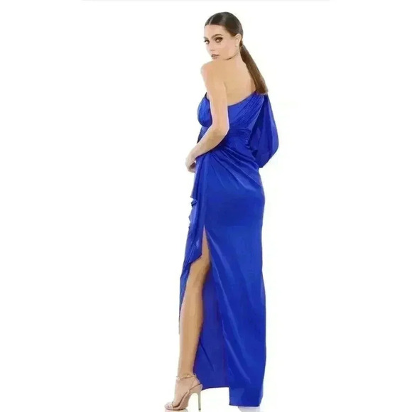 Mac Duggal One Shoulder Long Sleeve Sapphire Maxi Dress Formal Gown 4 Small Slit - Picture 1 of 2